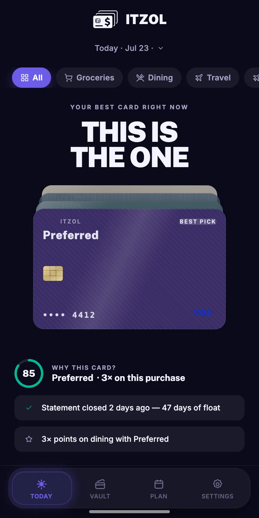 The Itzol Today screen ranking a wallet of cards, with the best pick on top