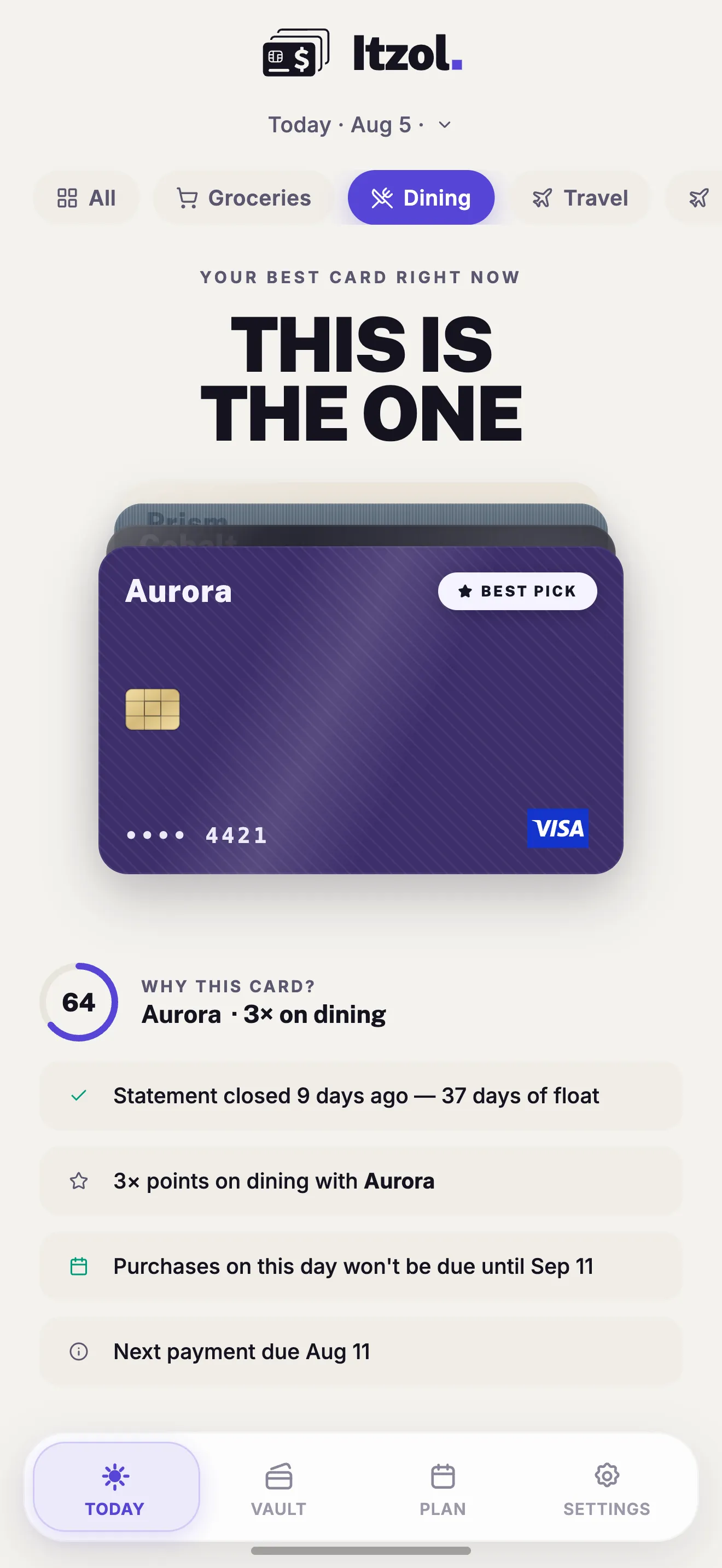 The Today deck in light theme, re-ranked for dining with a different card rising to best pick