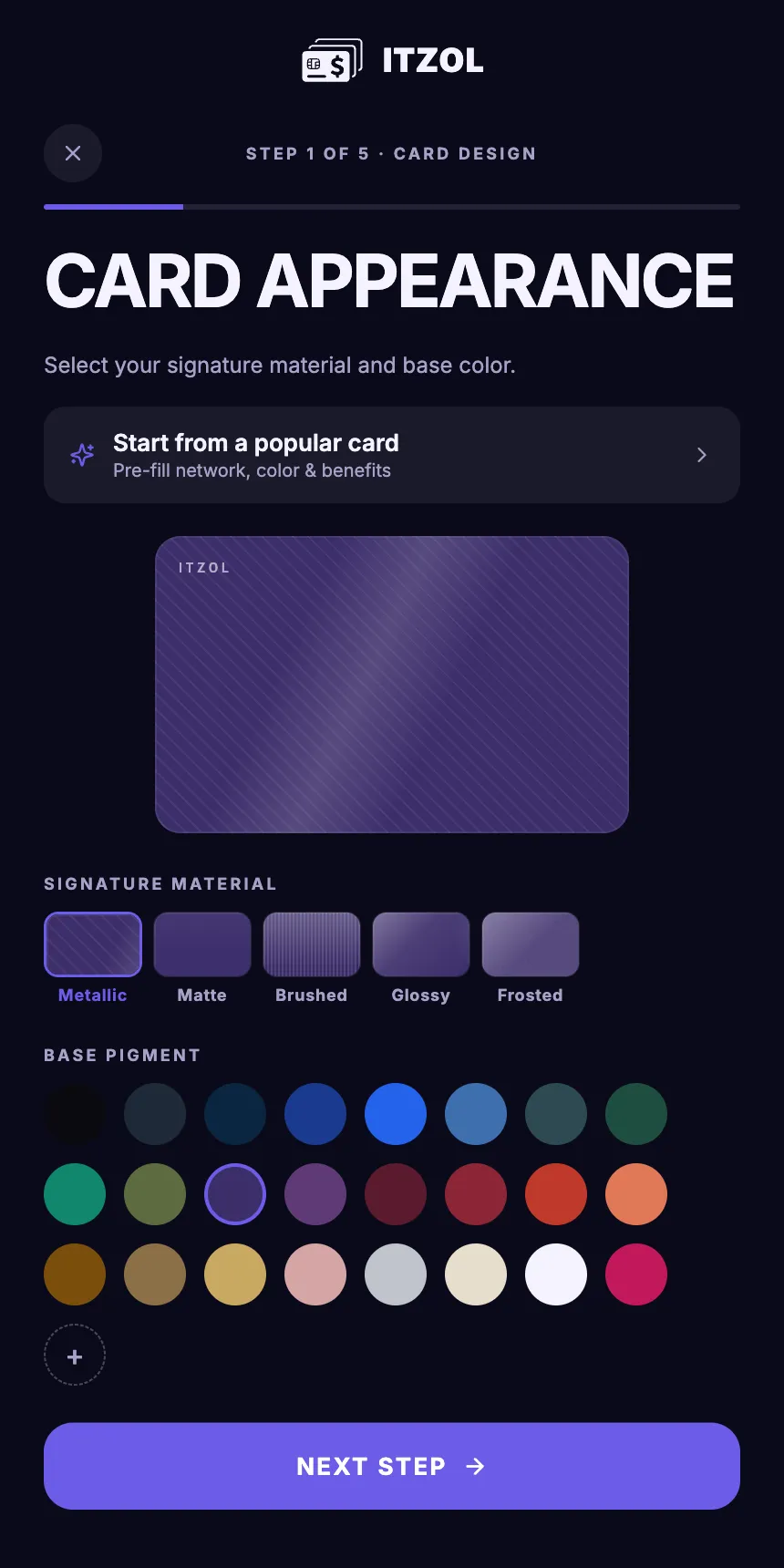 The Add Card wizard: choosing a material and color while the card materializes