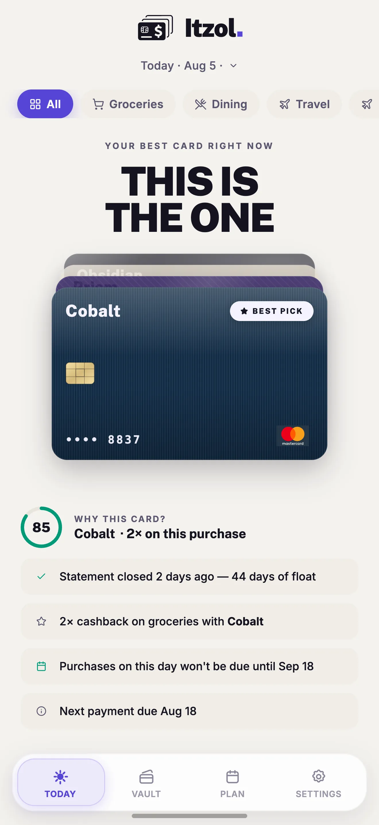 The Itzol Today screen in light theme, ranking a wallet of cards with the best pick on top