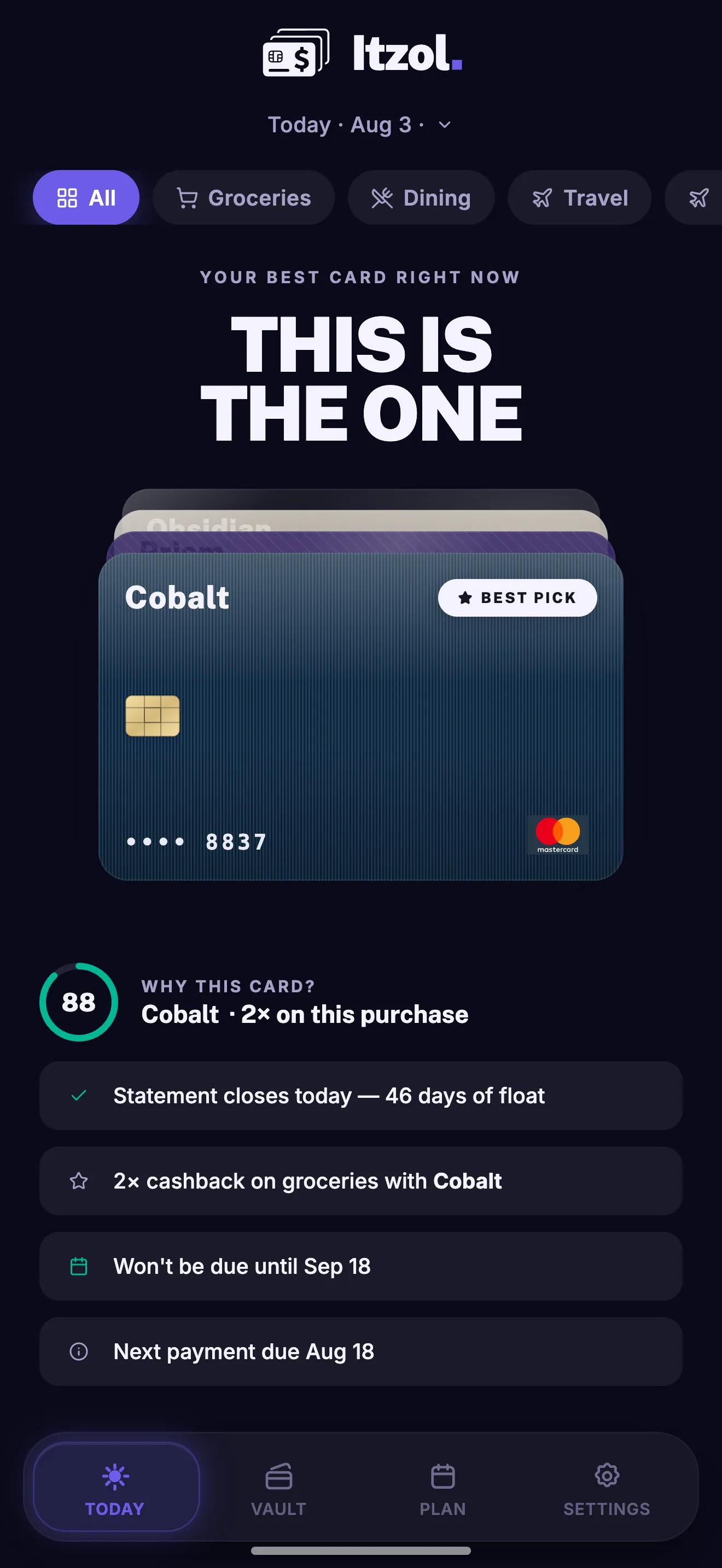 The Itzol Today screen ranking a wallet of cards, with the best pick on top