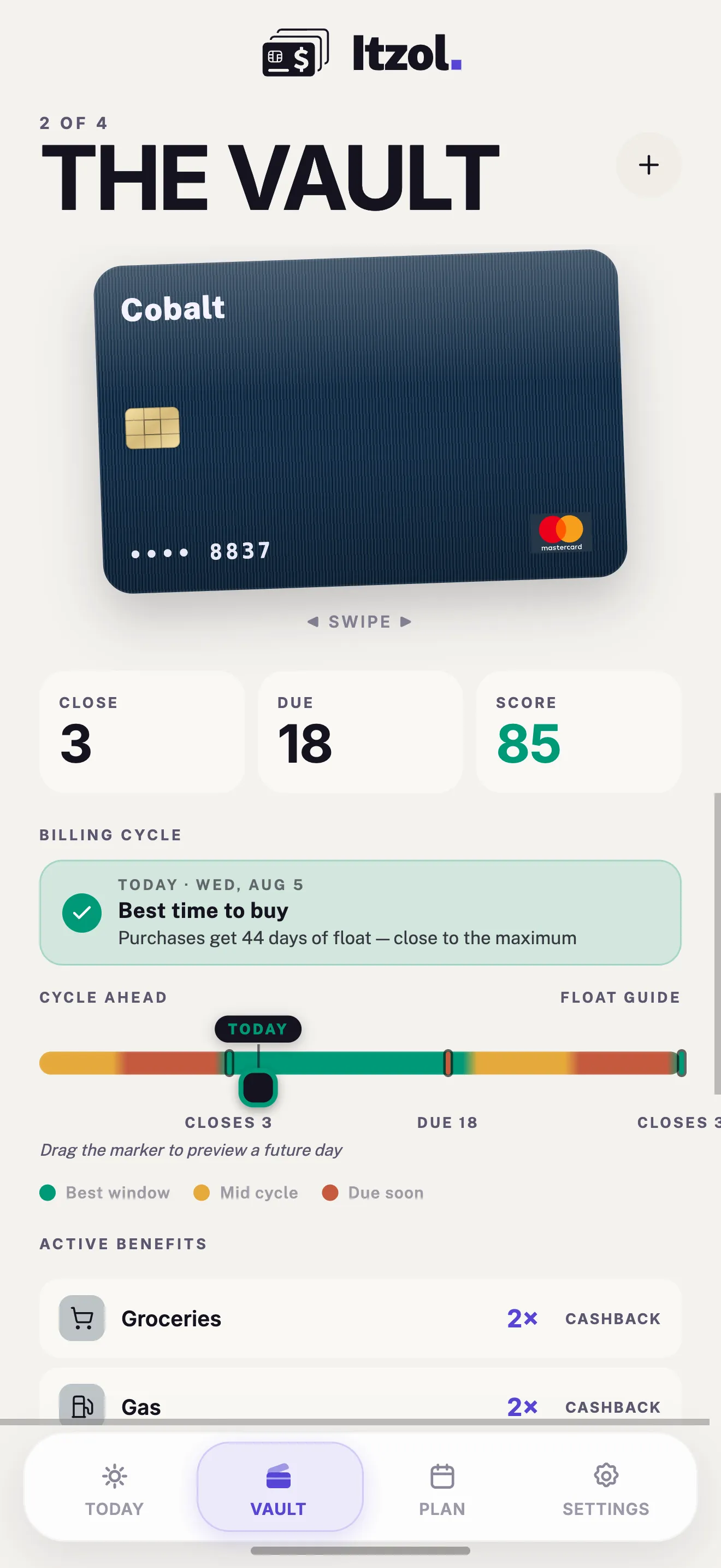 A card's detail view in the Vault in light theme, showing its score, billing-cycle position, and active benefits