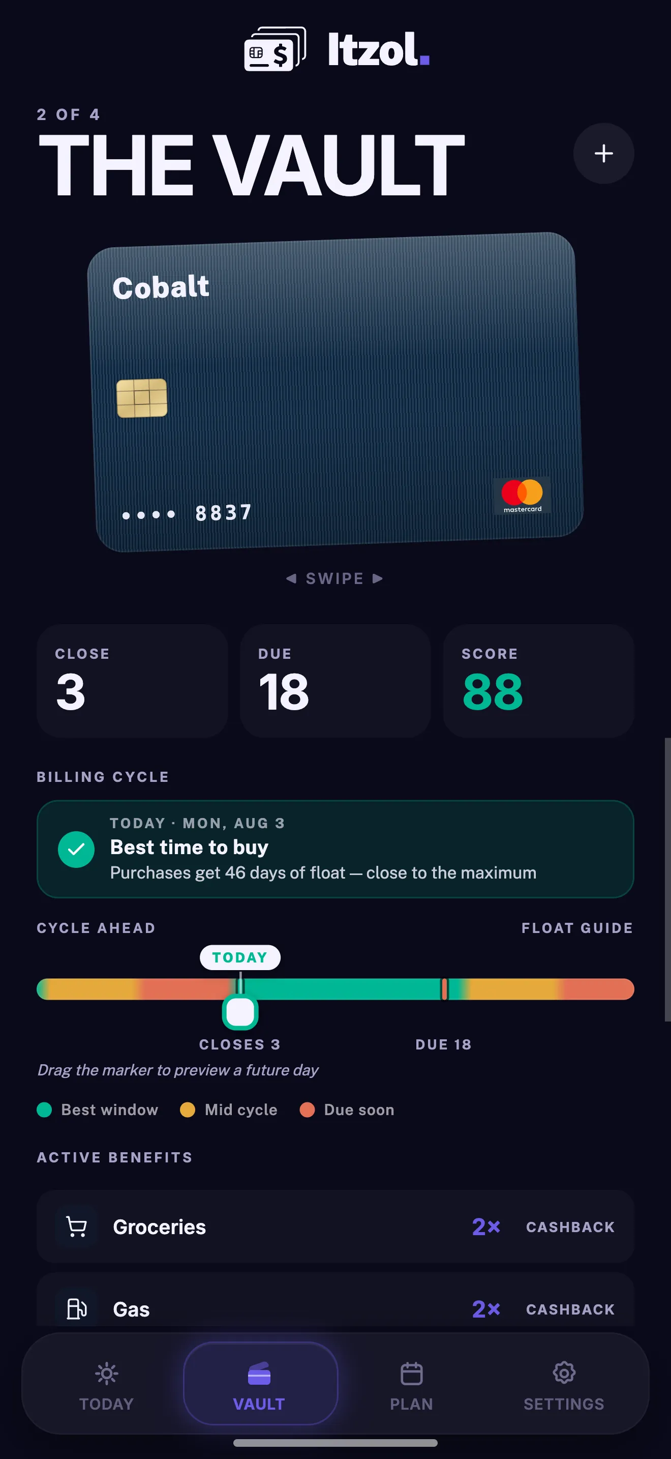 A card's detail view in the Vault showing its score, billing-cycle position, and active benefits