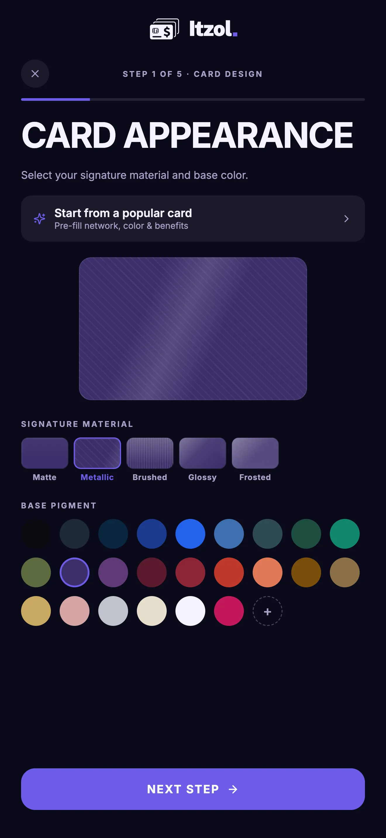 The Add Card wizard: choosing a material and color while the card materializes